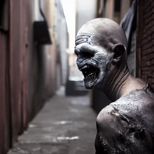 Prompt: photograph of a man with a charcoal flesh head begging for food in a dark alley, 8k resolution, high detail, ULTRA REALISTIC VFX, reflections