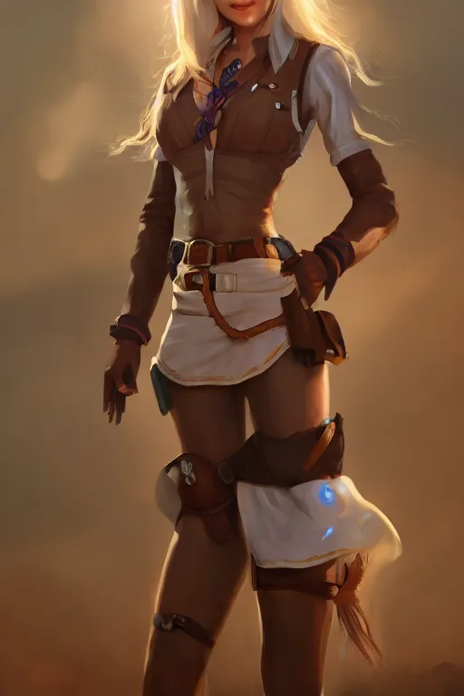 Image similar to full body, female cowgirl, perfect face, white blouse, holster, 8 k, magic the gathering, desert, d & d, artstation, high detail, smooth, sweaty