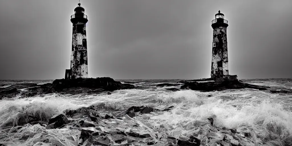 Prompt: Eerie tall dilapidated light house at night, storm raging, worn, rusted, falling apart