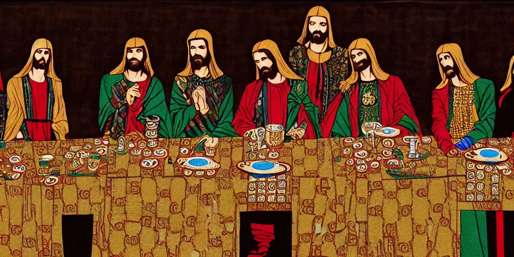 Prompt: the last supper wearing gucci versace gold rich intricate textiles cloak tunic streetwear cyberpunk modern design