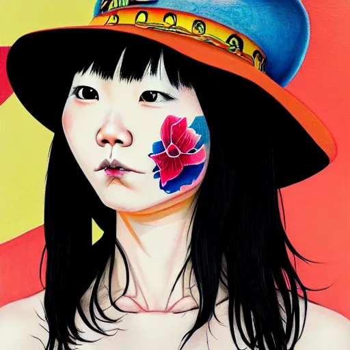 Prompt: full view, from a distance, of taiwanese girl with tattoos, wearing a cowboy hat, style of yoshii chie and hikari shimoda and martine johanna and edward hopper and james gilleard and zdzislaw beksisnski, highly detailed