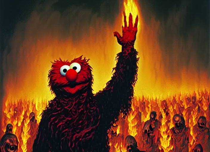 Prompt: extremely scary horror portrait of elmo with his hands raised in front of massive endless apocalyptic flames, epic fantasy art by michael whelan
