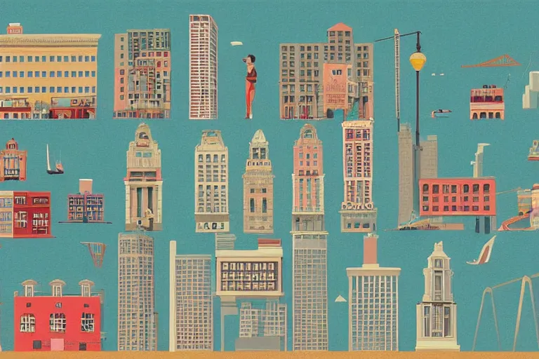 Prompt: A cityscape illustrations, by Wes Anderson