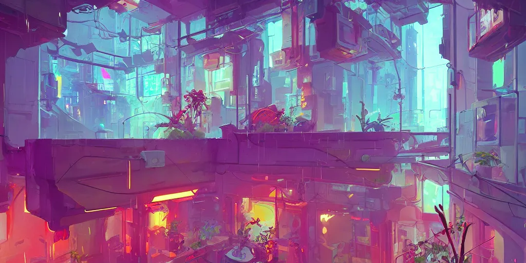 Image similar to one lush windowsill with plants inside of it, looking out to a cyberpunk rainy street with neon signs, interior of room frame, detailed digital concept art by anton fadeev and marc simonetti, trending on artstation