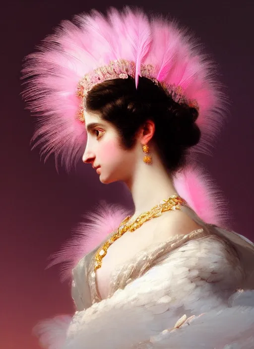 Image similar to stunning spanish godess princess, detailed pink and white feathers head peace against a black backdrop by ivan aivazovsky, 3 / 4 view portrait, wlop, super sharp details, photorealism, canon 5 d, 5 0 mm lens, stunning photoshot, beautiful soft lighting, muted colours, artstation