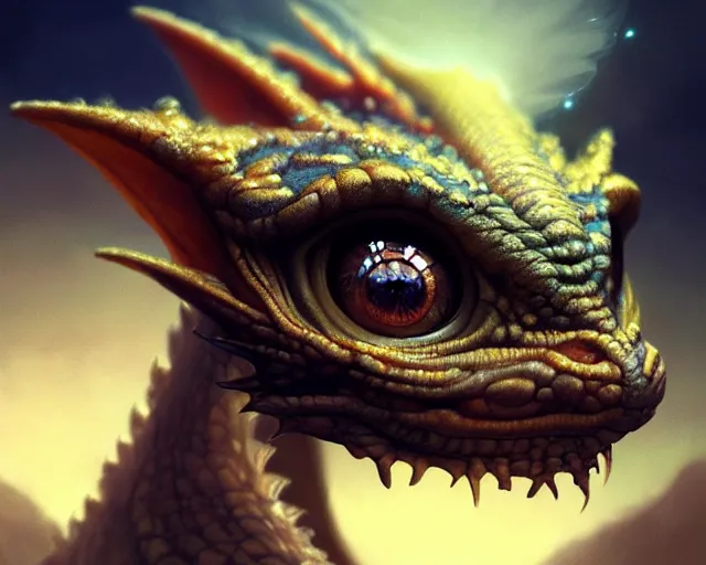 Image similar to digital painting of beautiful cute little baby dragon with huge eyes and long eyelashes gazing into the camera, medium shot, intricate, highly detailed, fractals, rendered in blender, octane, artstation, greg rutkowski, muchas, artgerm