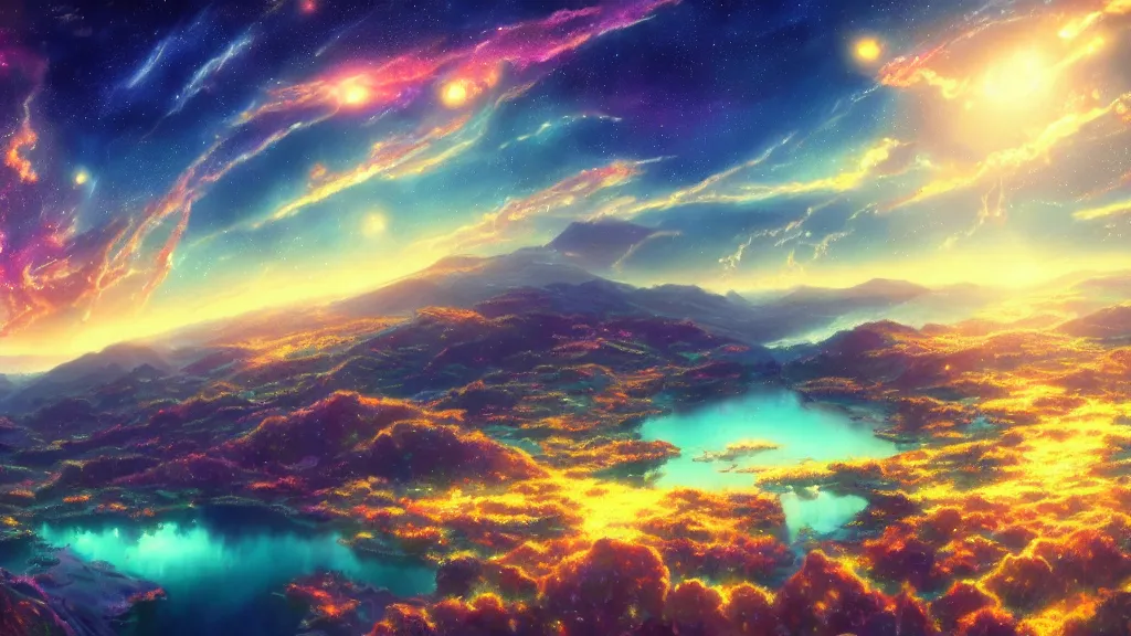 Prompt: a beautiful breathaking aerial dreamy colorful ultra realistic anime landscape illustration, ultra realistic lakes with blue water, cliffs, hills, cosmic nebulae, by makoto shinkai, thomas kinkade and darwyn cooke super wide angle, matte painting, heavenly lights, shinny, cosmic nebulae, golden hour, unreal engine, 8 k render, 4 k wallpaper