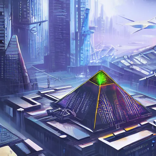 Prompt: flying saucer with a pyramid top shooting at a cyberpunk city, very detailed, realistic, many colors, art by digital image,