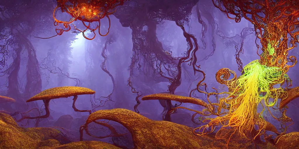 Prompt: Photorealistic symmetrical intricate detailed picture of a levitating floating fungus spirit with arms outstretched, made from colourful fungus tendrils. a gentle rising mist, an epic rocky landscape. occult photorealism, UHD, amazing depth, glowing, golden ratio, 3D octane cycle unreal engine 5, volumetric lighting, cinematic lighting, cgstation artstation concept art
