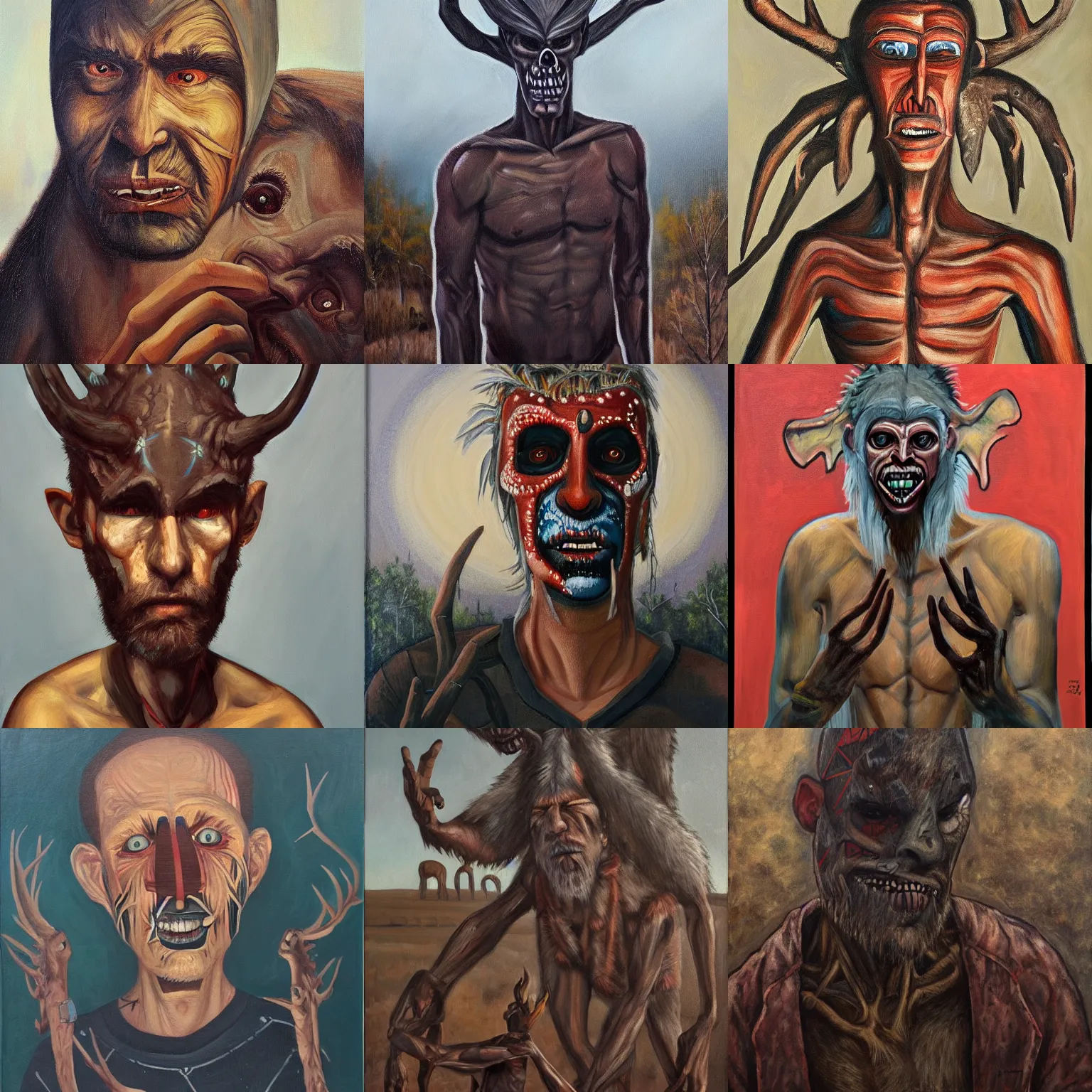 Prompt: portrait of a man pleading with a wendigo, indigenous art, sydney mount, oil on canvas trending on artstation