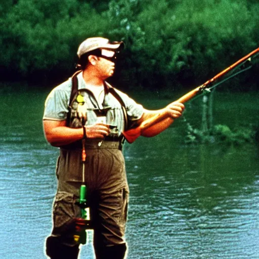 Image similar to slimer from ghostbusters 1 9 8 4 fishing on the bayou