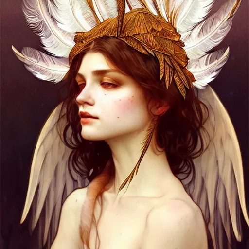 Prompt: Portrait of a winged girl angel wearing an intricate feather headdress, fantasy, intricate, elegant, highly detailed, digital painting, artstation, concept art, smooth, sharp focus, illustration, art by Krenz Cushart and Artem Demura and alphonse mucha