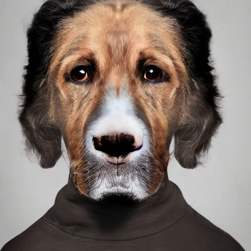 Image similar to realistic studio portrait, a blend of a human face with a dog face, dog human hybrid, in the style of annie leibovitz