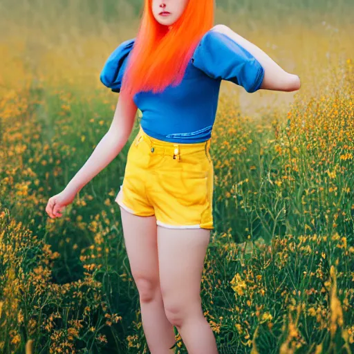 Image similar to misty from pokemon, orange hair in a side ponytail, wearing a yellow shiort sleeved crop top, blue denim short shorts with red suspenders on top, standing in a field, by gottfried helnwein, dslr full body portrait, sigma 8 5 mm f 1. 8