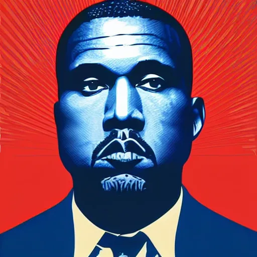 Prompt: Russian Propaganda Soviet screen-print shepard fairey illustrated poster of Kanye West as President standing in front of a USA America flag