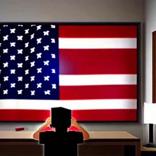 Image similar to American teenager with black hair playing ROBLOX on his computer in his bedroom, USA flag on the wall, France flag on the wall, highly detailed, full room, sad atmosphere, dark room, in the photo realistic