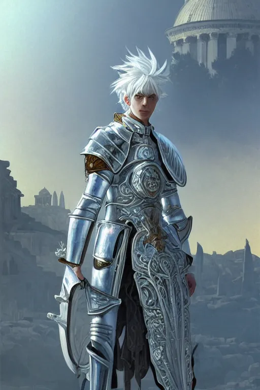 Prompt: portrait white hair knights of Zodiac boy, Sliver ice color reflected armor, in ruined Agora of Athens Sunrise, ssci-fi and fantasy, intricate and very very beautiful and elegant, highly detailed, Frostbite Engine, digital painting, artstation, concept art, smooth and sharp focus, illustration, art by tian zi and WLOP and alphonse mucha