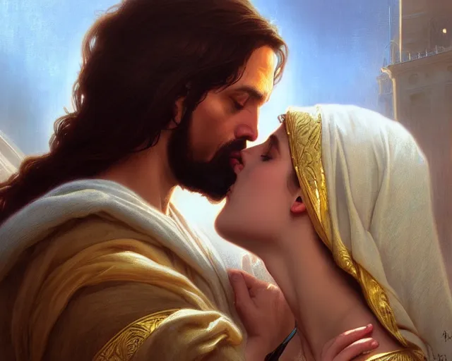 Image similar to photography of jesus kissing a sensual woman in jerusalem, deep focus,, intricate, elegant, highly detailed, digital painting, artstation, concept art, matte, sharp focus, illustration, art by artgerm and greg rutkowski and alphonse mucha