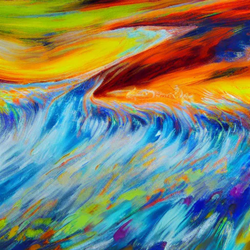 Prompt: a wild modernist landscape painting filled with energy patterns rippling in all directions, mountains, rushing water, saturated colors