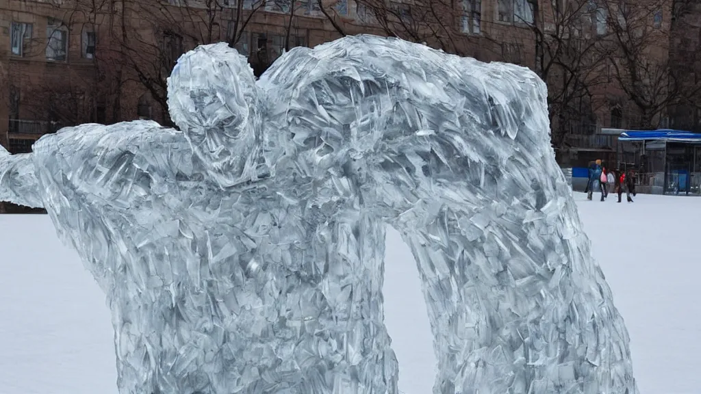 Prompt: a highly detailed sculpture of a super hero made of ice, people are ice skating around it, ice rinks, elegant.