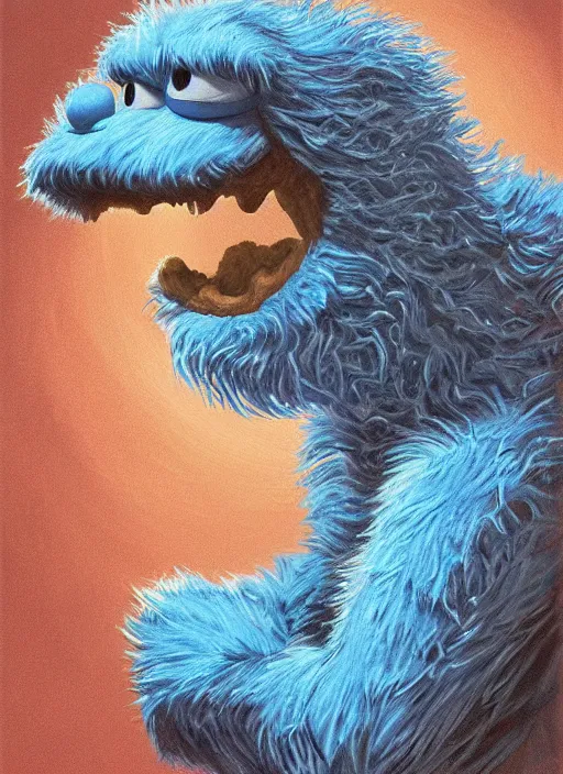 Image similar to portrait of Cookie Monster in The Thing (1982), highly detailed, centered, solid color background, digital painting, artstation, concept art, smooth, sharp focus, illustration, artgerm, donato giancola, Joseph Christian Leyendecker, Les Edwards, Ed Repka, WLOP, Artgerm