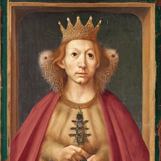 Image similar to a renaissance style portrait of a hedgehog king wearing a crown and a cape, dark background