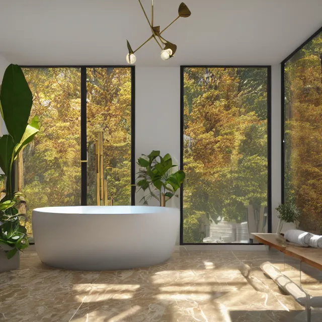 Prompt: post and beam bathroom interior, bathtub with golden faucet, wood cabinets, marble floor, large window in back with fall foliage river view, large potted plant, realistic, unreal engine render, octane render, hyper realistic, photo, 8 k