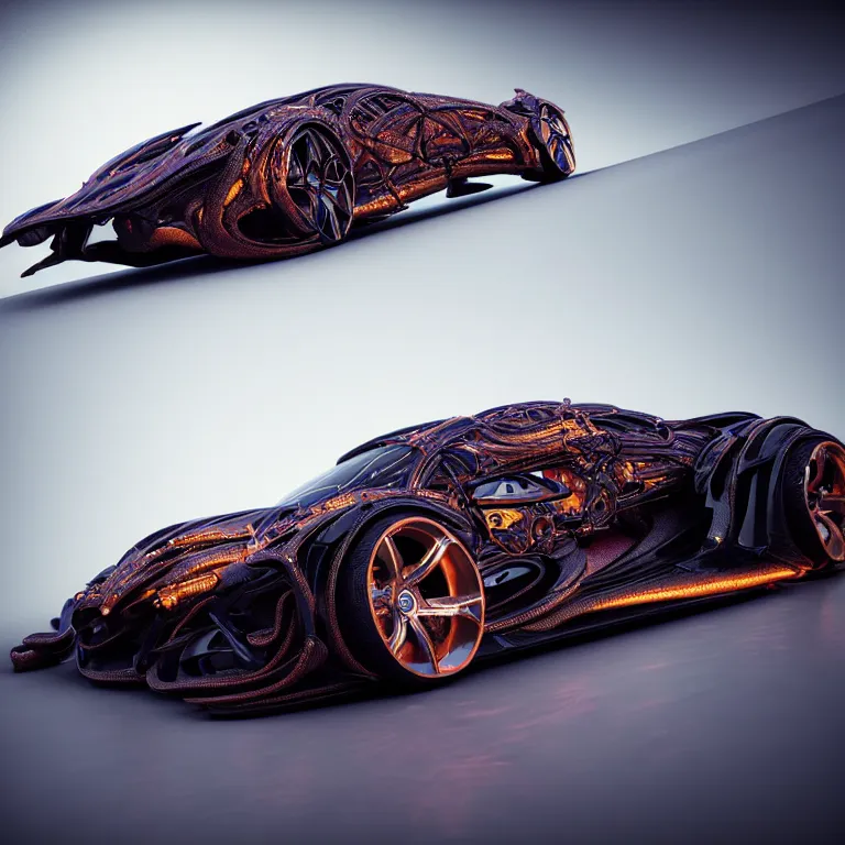 Image similar to biomechanical ribbed spinal dark supercar car, car concept art, baroque painting, beautiful detailed intricate insanely detailed octane render, 8K artistic photography, photorealistic, chiaroscuro, Raphael, Caravaggio, lit by colorful pastel neon lights