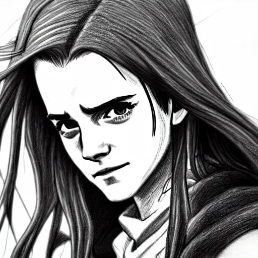 Image similar to a very detailed pencil drawing of emma watson in demon slayer manga panel 4 k, high resolution, still, landscape, hd, dslr, hyper realistic, manga, beautiful