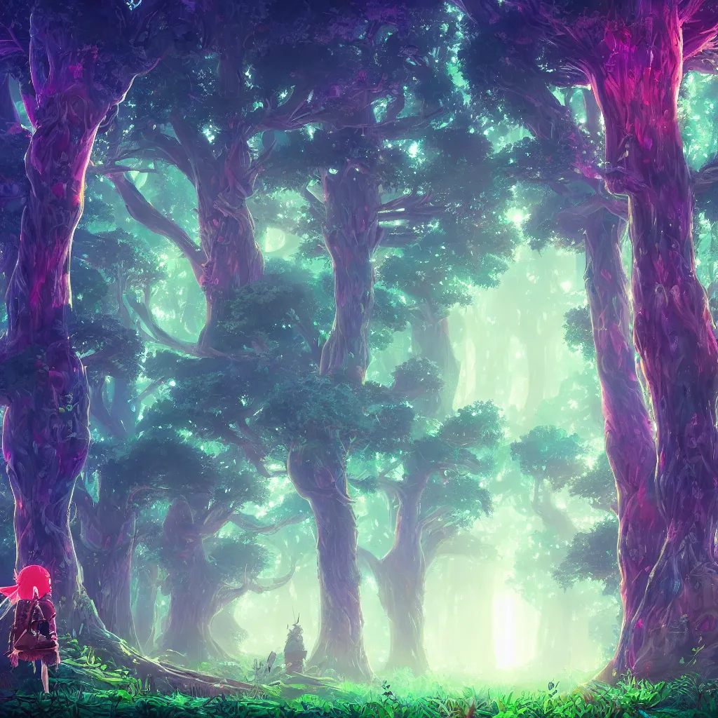 Prompt: huge trees, misty nighttime. radiating colorful energy. photorealistic, moody atmosphere, volumetric shading, holographic undertones, intricate and detailed, highly saturated colors. ori and the blind forest, breath of the wild style, studio ghibli!!!. trending on artstation. award winning, awe inspiring, daily deivation