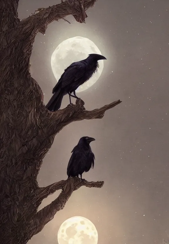 Image similar to crow on tree in front of the full big moon, highly detailed, digital painting, artstation, concept art, smooth, sharp focus, illustration, Unreal Engine 5, 8K, art by artgerm and greg rutkowski and alphonse mucha