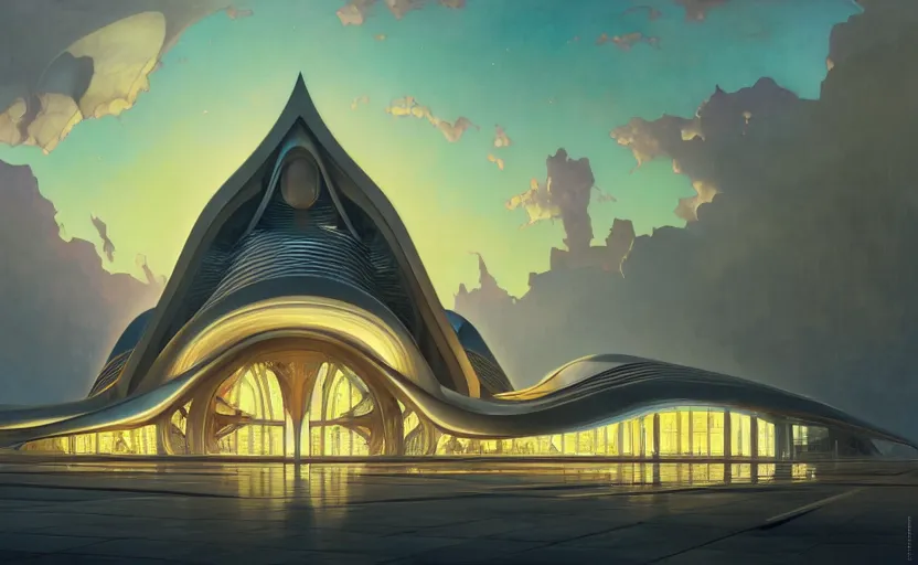 Image similar to exterior shot of utopian architecture building with cinematic lighting by zaha hadid and renzo piano, darek zabrocki and greg ruthkowski, alphonse mucha, simon stalenhag, cinematic, stars, beautiful, holy place, paradise, scifi, futurism, atmospheric, sunset, concept art, artstation, trending on artstation