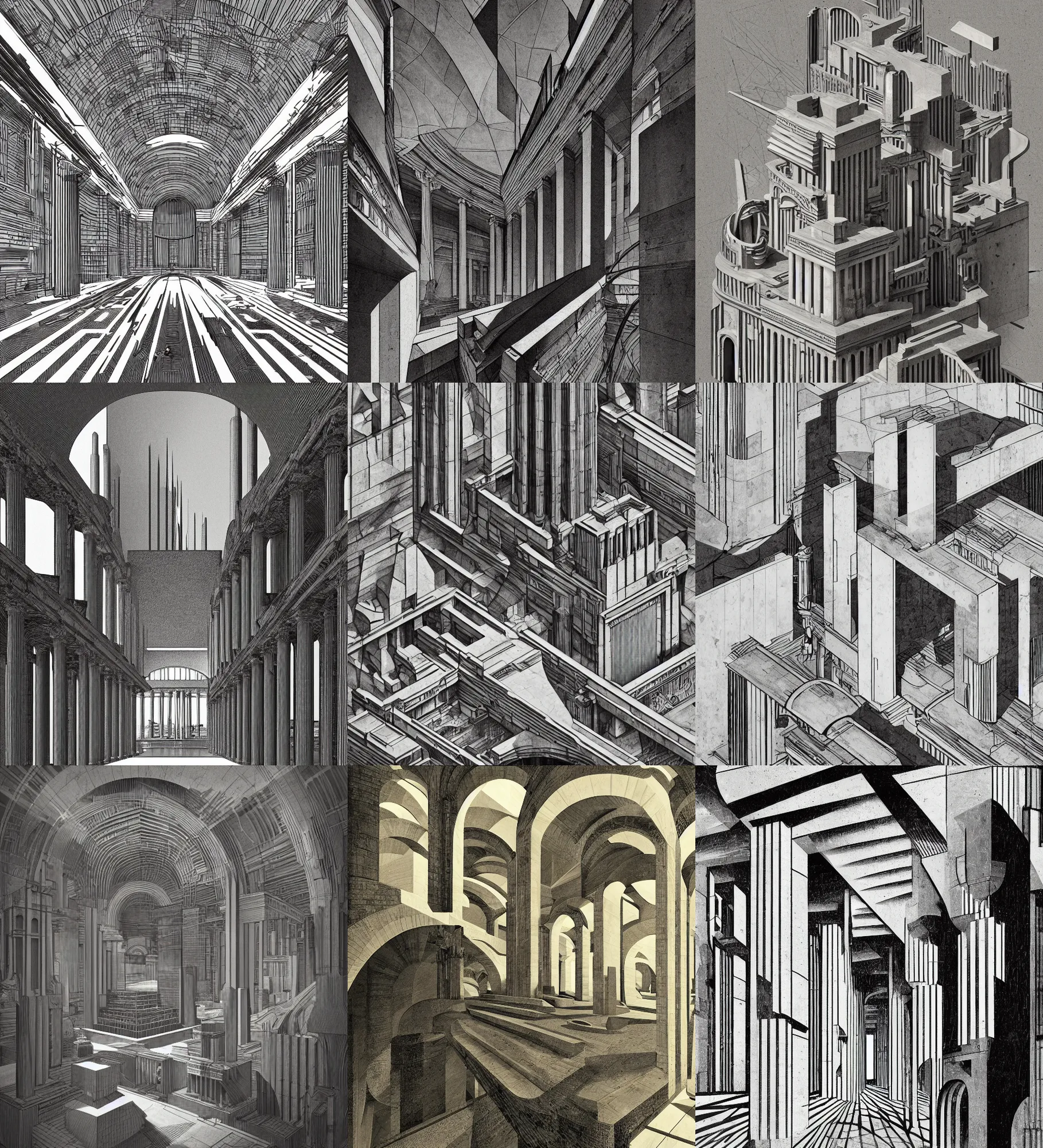 Prompt: illustration in the style of Hugh Ferriss and Giorgio de Chirico, music album cover, brutal concrete interiors, roman architecture, aerial spaces, archs and columns, geometrical forms, pittura metafisica, high contrast light and shadows, Behance, 3d render, volumetric light