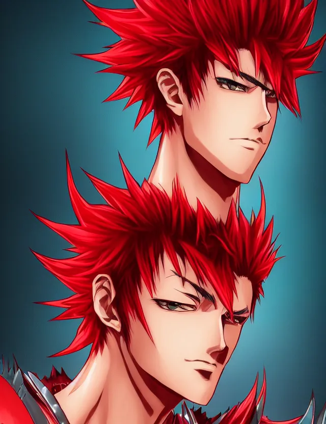 Image similar to a detailed manga portrait of a handsome tall man with spiked crimson hair in fiery crimson crystalline armour, trending on artstation, digital art, 4 k resolution, detailed, high quality, sharp focus, hq artwork, coherent, insane detail, character portrait