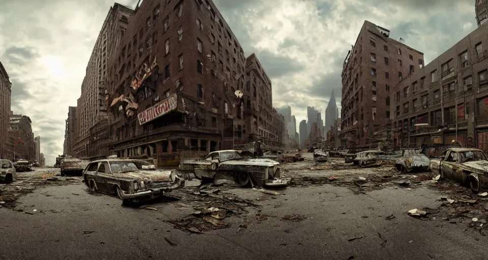 Prompt: wide angle shot of dilapidated zombie - apocalypse new york city in real life, desolate with zombies, dilapidated, empty streets, nightmarish, some rusted style parked vehicles, sunny weather, few clouds, volumetric lighting, photorealistic, daytime, autumn, sharp focus, ultra detailed, cgsociety