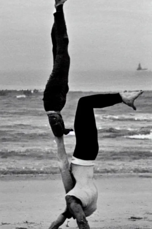 Prompt: paulie shore doing a handstand on the beaches of normandy on d - day