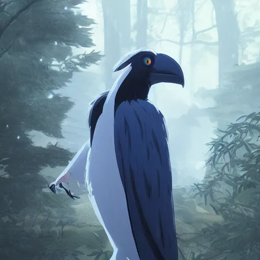 Image similar to concept art painting of an anthropomorphic albino raven wearing dark blue robes, in the deep forest, realistic, detailed, cel shaded, in the style of makoto shinkai and greg rutkowski and james gurney