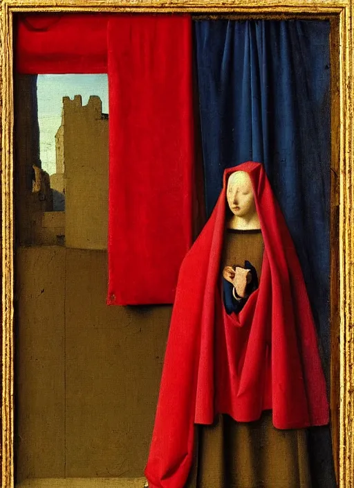 Image similar to red cloth, medieval painting by jan van eyck, johannes vermeer