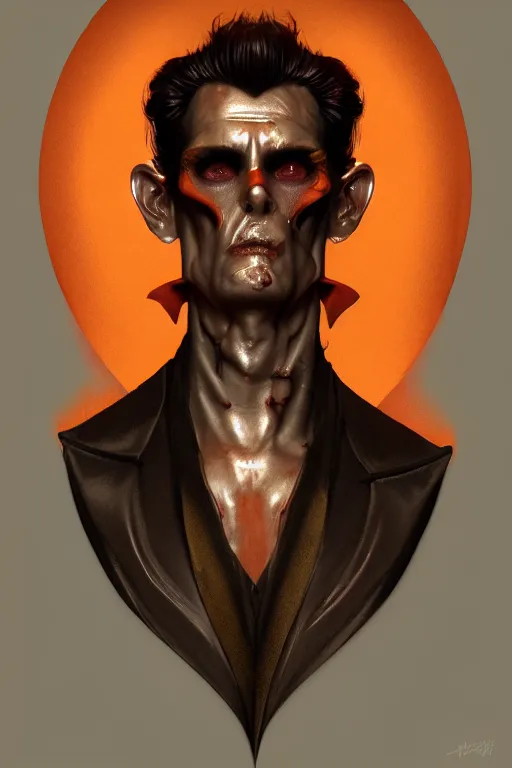 Prompt: bust of a man vampire , strong boy, gradient black red, dreamy and ethereal, orange eyes, golden ratio, vicious expression, ornate frilly suit, fantasy, intricate, elegant, rainbow bubbles, highly detailed, digital painting, artstation, concept art, smooth,b sharp focus, illustration, art by artgerm and greg rutkowski and alphonse mucha