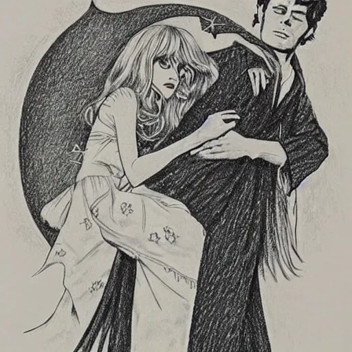 Prompt: 1 9 6 0 s drawing symmetrical pretty elegant brigitte bardot as a vampire kissing alain delon, very detailed intricate!!! intaglio, style of ( takato yamamoto )!!!, moon and stars