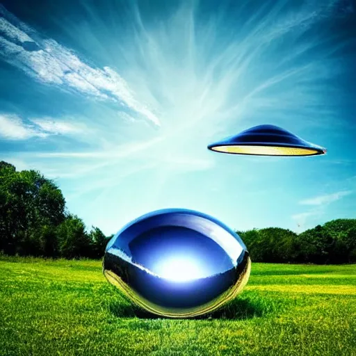 Prompt: a realistic chrome ufo landed on a field, green hills, summer day, beautiful, blue skies