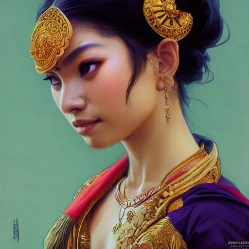 Image similar to a bali dancer, portrait, highly detailed, digital painting, artstation, concept art, sharp focus, illustration, art by artgerm and greg rutkowski and alphonse mucha