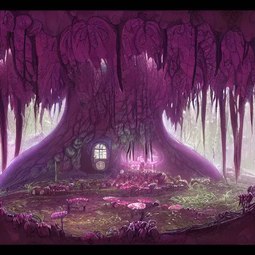 Prompt: concept art painting of a interior of a fungal alien fantasy fairytale house made of mushrooms, with black vines, realistic, detailed, cel shaded, magenta and gray, dark, in the style of makoto shinkai and greg rutkowski and james gurney