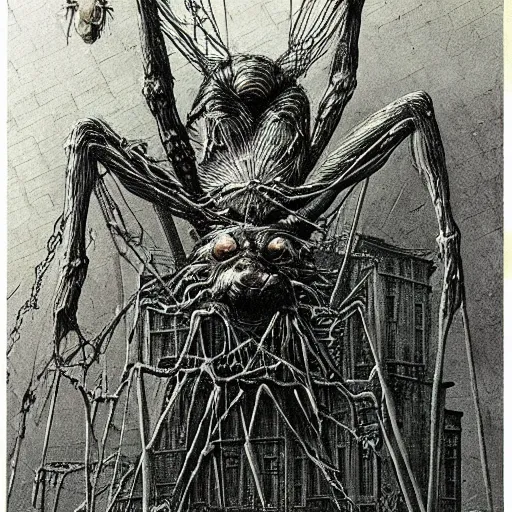 Image similar to horrific giant spider morphed with a wolf, perched on giant web spread across buildings, highly detailed beksinski and hr giger art