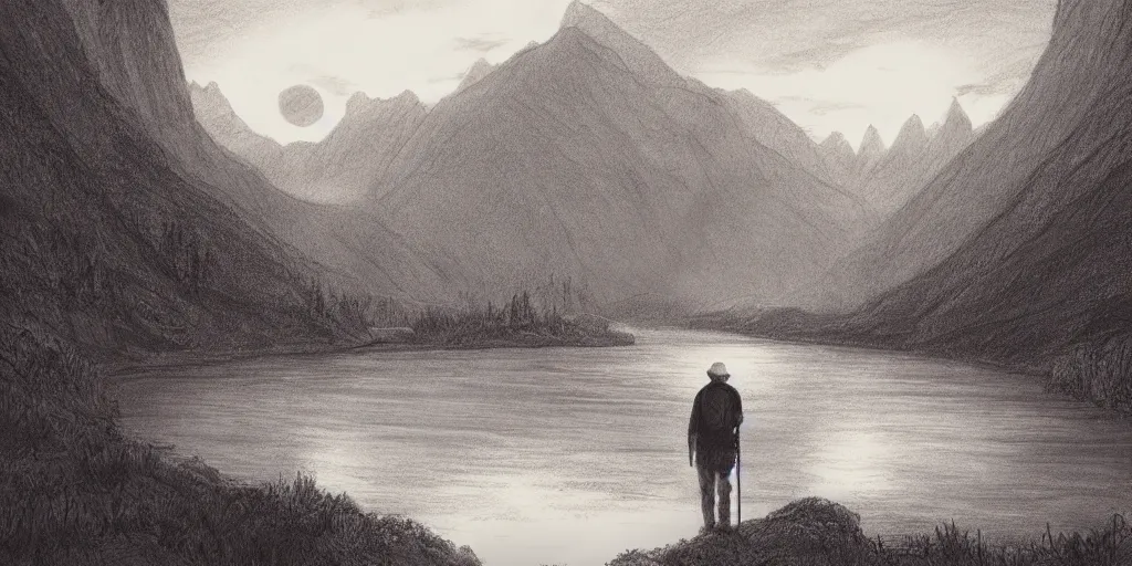 Image similar to A majestic landscape featuring a river, mountains and a forest. There is an old man standing, wearing a backpack and staring at the sunset. Cinematic, very beautiful, pencil drawing