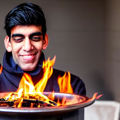 Image similar to photo of rishi sunak throwing money into a fire in a cold house