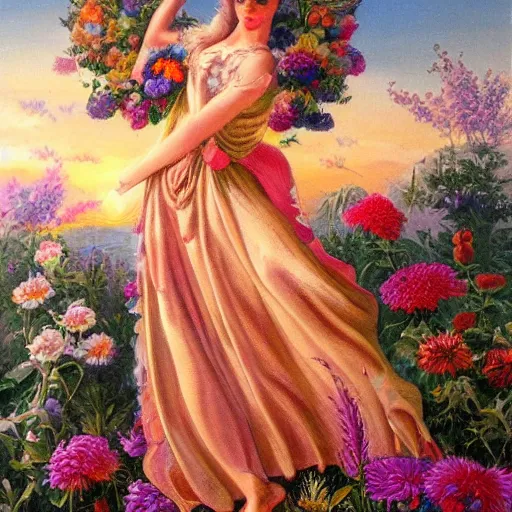 Image similar to A vintage painting with a fantasy world of various flowers and plants, in which there is a figure of a human, dressed in something magical and impressive, inside this clothes infinity is all in sunset light