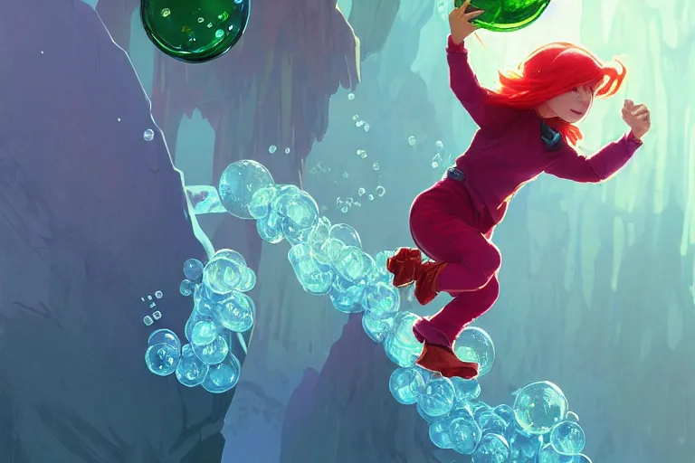 Image similar to madeline from celeste jumping to a green jelly bubble, ( ( ( blue bubble jacket ) ) ) ( ( ( red long hair ) ) ), highly detailed, digital painting, artstation, concept art, sharp focus, illustration, art by greg rutkowski and alphonse mucha