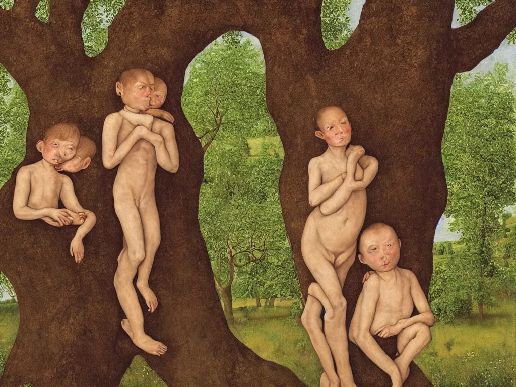 Image similar to Portrait of two Siamese twins near a crooked old oak. Painting by Lucas Cranach, Steve McCurry.