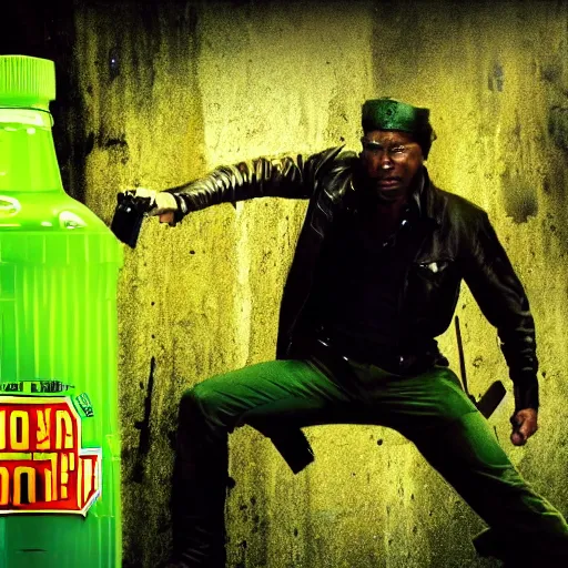 Image similar to film still of an action movie about a green bottle